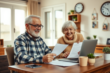 A senior citizen happily reviewing loan options online.
