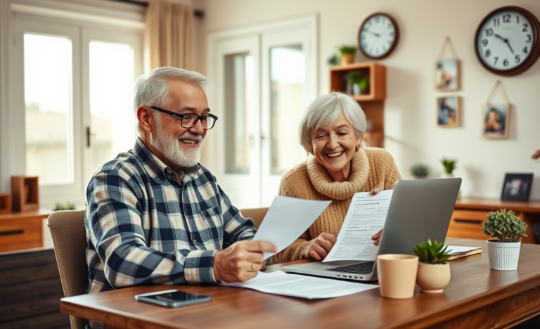 A senior citizen happily reviewing loan options online.