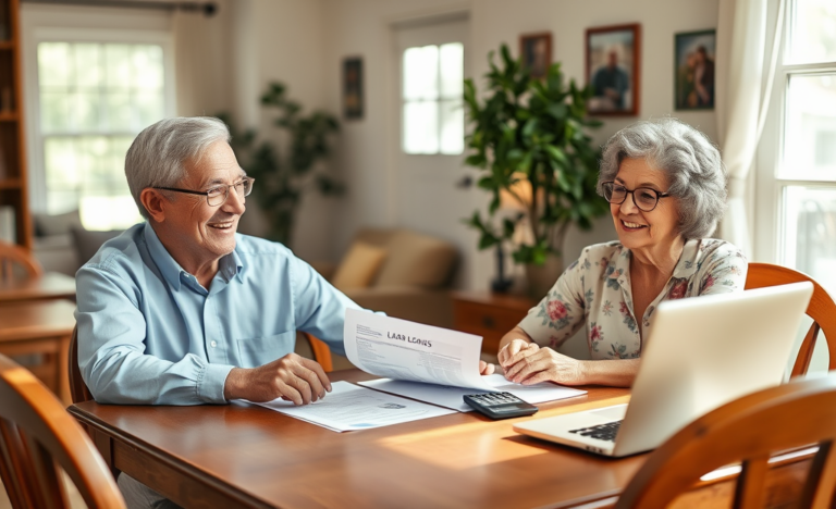An elderly couple discussing financial options for securing a loan.