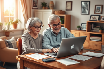 An elderly couple discussing their options for online loans at home.