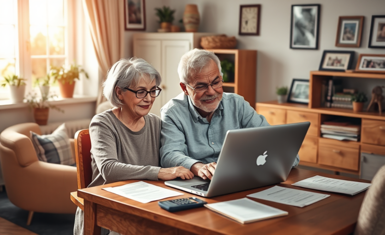 An elderly couple discussing their options for online loans at home.
