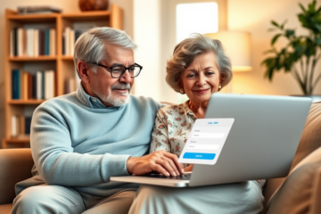 A senior couple discussing their online loan options comfortably at home.