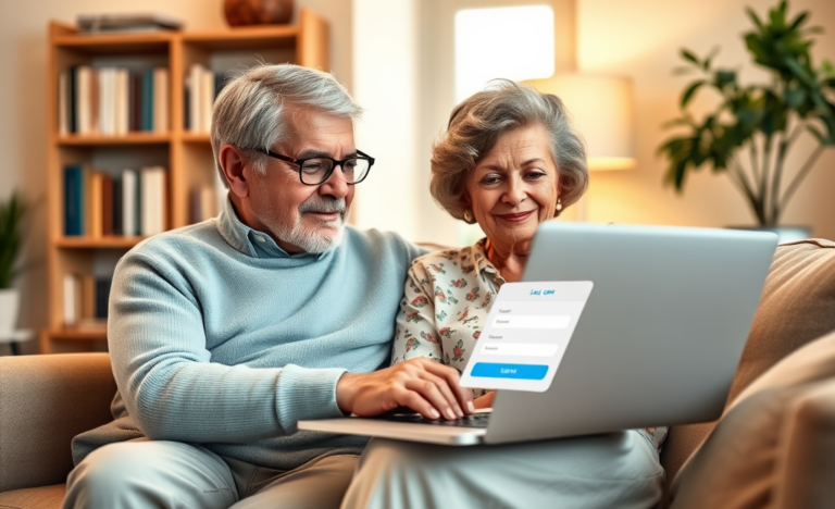 A senior couple discussing their online loan options comfortably at home.