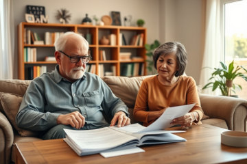 A senior couple discussing their loan options at home.