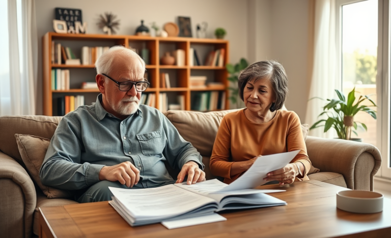 A senior couple discussing their loan options at home.