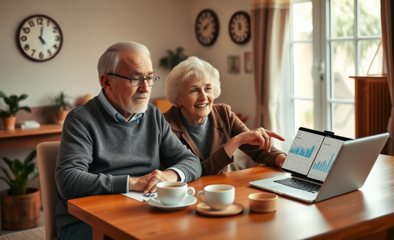 A senior couple reviewing financial documents together.