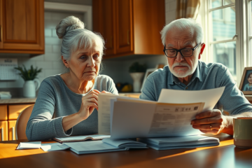 A senior citizen holding medical bills and financial paperwork, contemplating a loan request for emergency expenses.