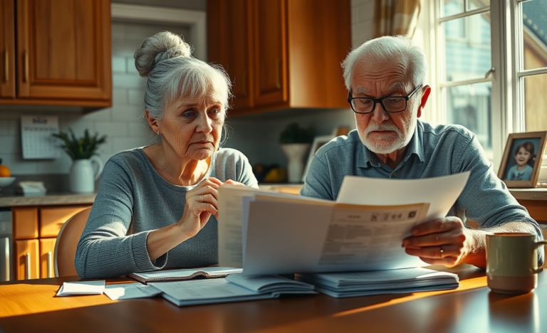 A senior citizen holding medical bills and financial paperwork, contemplating a loan request for emergency expenses.