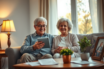 An elderly couple discussing their finances with a laptop, considering options for senior loans.