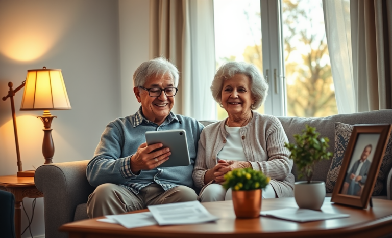 An elderly couple discussing their finances with a laptop, considering options for senior loans.