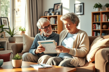 An elderly couple discussing financial options with a lender.