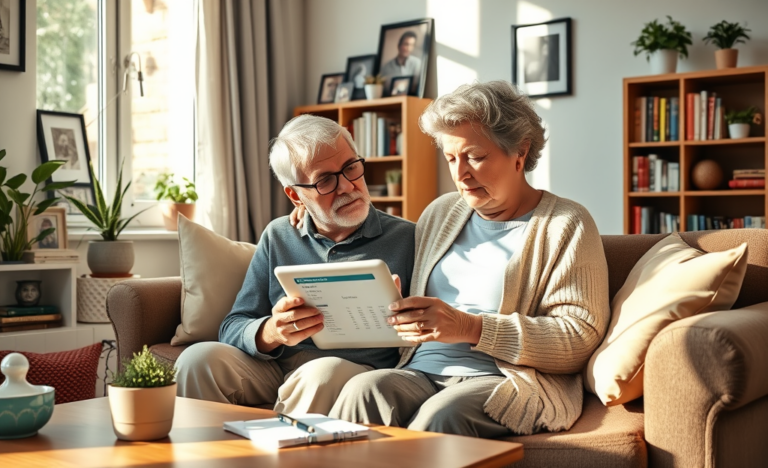 An elderly couple discussing financial options with a lender.