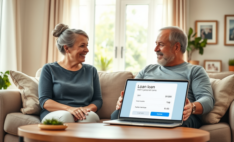 A senior couple discussing financial options for a personal loan.
