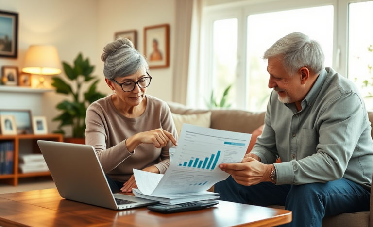 An elderly couple discussing financial options for emergency loans.