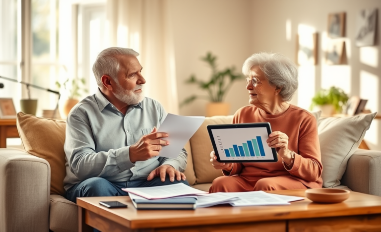 A senior couple reviewing financial documents for a personal loan to pay off credit card debt.