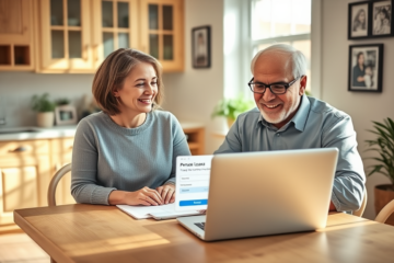 An elderly couple happily discussing their financial options with a Rise Credit representative for personal loans.