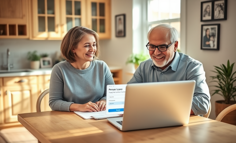An elderly couple happily discussing their financial options with a Rise Credit representative for personal loans.