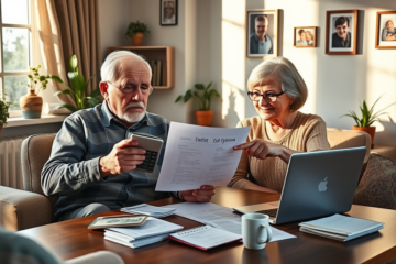 An elderly couple discussing financial options for debt relief.