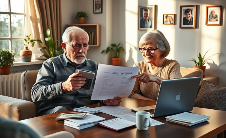 An elderly couple discussing financial options for debt relief.