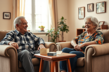 An elderly couple discussing their finances in a cozy setting, symbolizing financial freedom and independence.