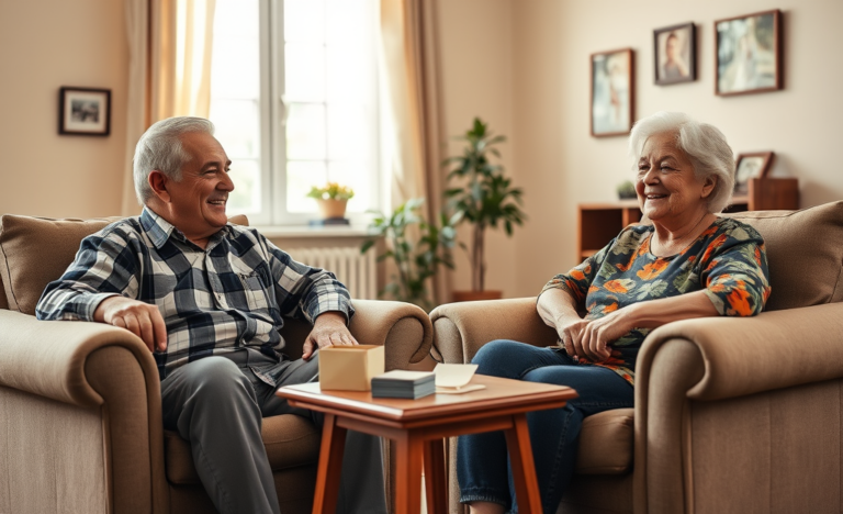 An elderly couple discussing their finances in a cozy setting, symbolizing financial freedom and independence.